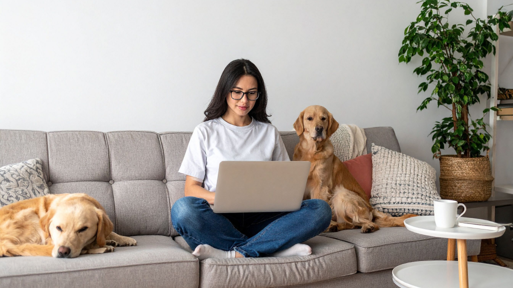 Dog resting at home while owner works remotely, illustrating why dogs still benefit from daily walks when working from home in Columbus, Ohio.