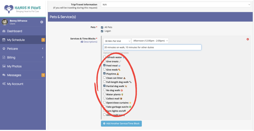 Screenshot of the Hands N Paws service request form showing checkboxes for feeding, walks, medication, playtime, and other customizable care tasks.