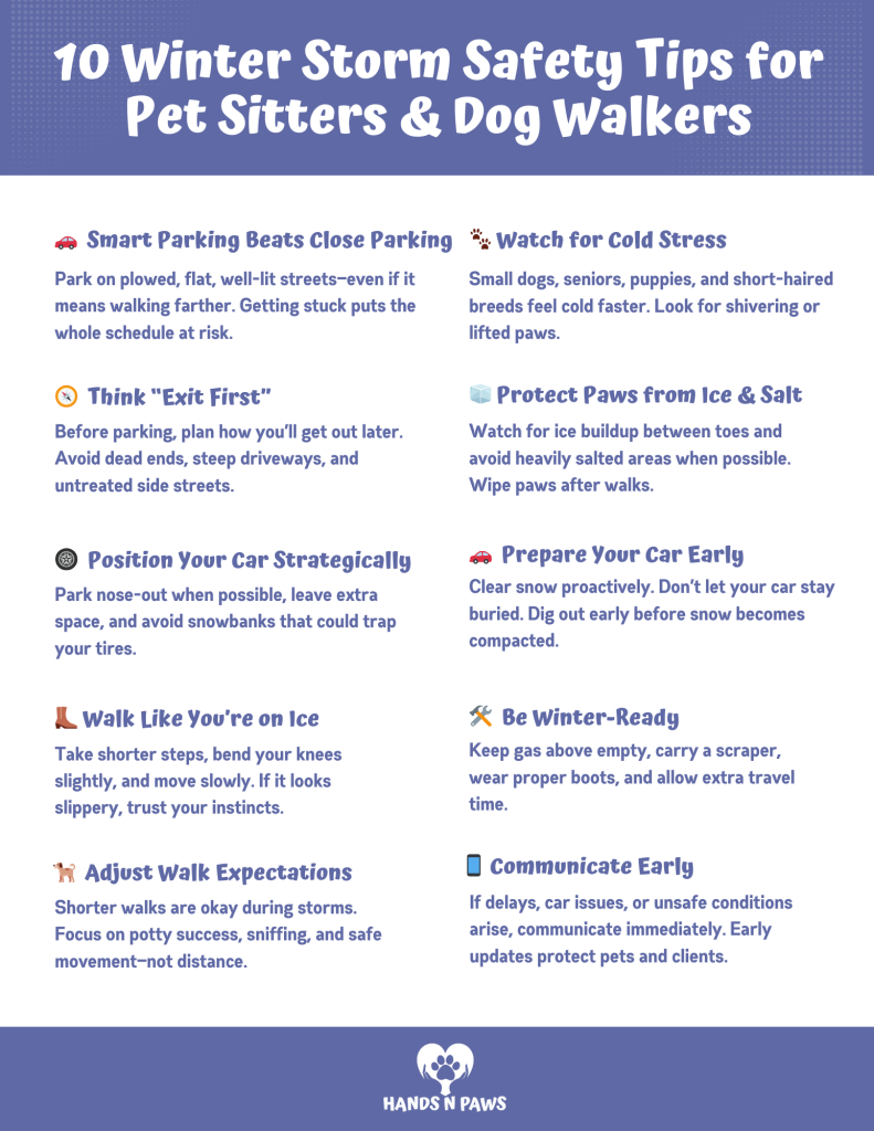 Infographic showing 10 winter storm safety tips for Columbus pet sitters and dog walkers, including safe parking, cold stress signs, paw protection, car preparedness, and clear communication.